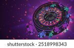 Green, blue, purple poker chips, tokens with black neon casino roulette wheel on dark background with reflection. Vector illustration for casino, game design, advertising