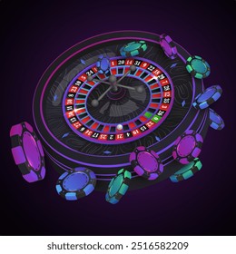 Fichas de póquer verde, azul, púrpura, fichas con rueda de ruleta de casino de neón negro sobre fondo oscuro con reflejo. Ilustración vectorial para casino, diseño de juegos, publicidad