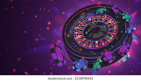 Green, blue, purple poker chips, tokens with black neon casino roulette wheel on dark background with reflection. Vector illustration for casino, game design, advertising