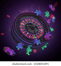 Verde, azul, roxo fichas de poker, fichas com roda de roleta de casino neon preto no fundo escuro com reflexão. Ilustração vetorial para cassino, design de jogos, publicidade