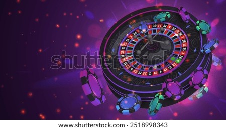 Green, blue, purple poker chips, tokens with black neon casino roulette wheel on dark background with reflection. Vector illustration for casino, game design, advertising