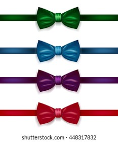 Green, Blue, Purple, Red bow with ribbons. Set of bows on a white background