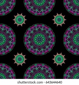 Green, blue and purple seamless pattern good for greeting card for birthday, invitation or banner. Vector illustration. Decorative symmetry arabesque.