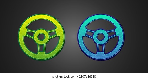 Green And Blue Racing Simulator Cockpit Icon Isolated On Black Background. Gaming Accessory. Gadget For Driving Simulation Game.  Vector