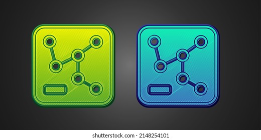 Green and blue Railway map icon isolated on black background.  Vector