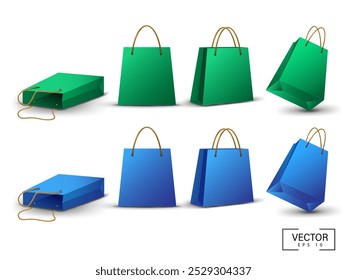 green and blue realistic shopping bag set isolated on the white background vector illustration.