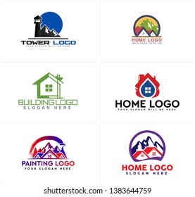 Green blue red line art badge logo design roof combined mountain and roll paint logo design suitable for construction building painting company provider