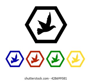 The green, blue, red, orange, black bird icon, on a white background