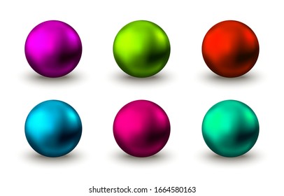 Green, blue, red, pink, purple glossy sphere isolated on white background. Skin care oil bubbles. Pearl. Vector ball for natural cosmetic, shampoo package design.