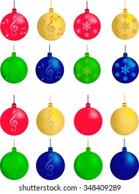 green blue red yellow Christmas tree decorations with musical notes and treble clef, snowflakes, new year, winter, vector