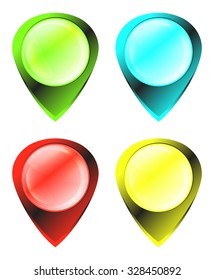 green, blue, red, yellow, glowing glossy vector blank tags on the map