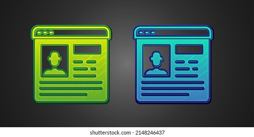 Green and blue Resume icon isolated on black background. CV application. Searching professional staff. Analyzing personnel resume.  Vector