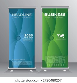 Plantilla de Anuncio enrollable verde y azul, diseño de Anuncio de Vertical, Plantilla de Anuncio de Vertical, presentación y folleto. Vector Plantilla, Vector eps 10.