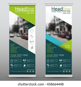 Green and blue roll up business banner design vertical template vector, cover presentation abstract geometric background, modern publication display and flag-banner, layout in rectangle size.