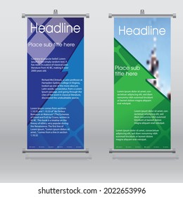 Green and blue roll up business brochure flyer banner design vertical template vector, cover presentation abstract geometric background, modern publication and flag-banner, layout in rectangle size