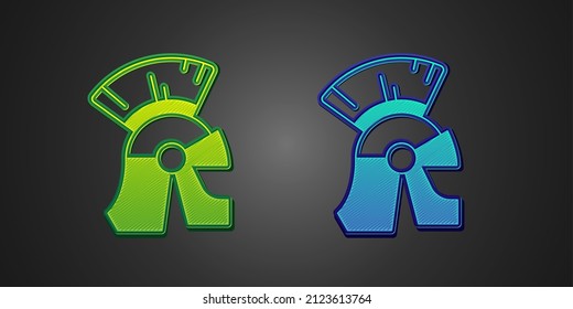 Green and blue Roman army helmet icon isolated on black background.  Vector