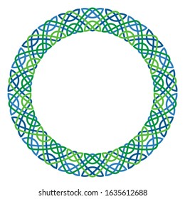 Green and blue round frame on white background. Traditional Irish knot ornament in retro style . Antique design. Geometric ethnic pattern. Vector linear illustration. Border template.