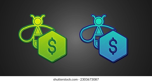 Green and blue Sale of bees icon isolated on black background. Sweet natural food. Honeybee or apis with wings symbol. Flying insect.  Vector
