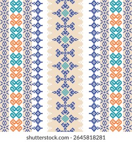 Padrão de vetor de ponto de cruz sem costura verde e azul. Ornamento étnico. Estilo asteca. Pixel art design para têxteis, telhas e bordas elaboradas. Vyshyvanka. Bordado ucraniano.