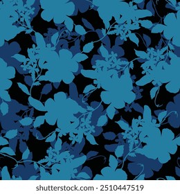 green and blue seamless floral vector flowers leaves pattern on black background