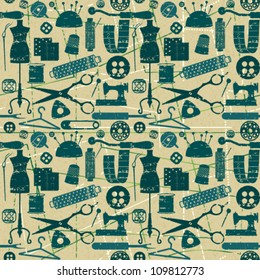 Green and blue seamless pattern with scratched sewing and tailoring elements on textured background
