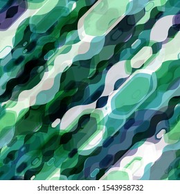 Green and blue seamless texture with diagonal wavy stripes and geometric shapes. Stylized water effect. Abstract vector background for web page, banners backdrop, fabric, home decor, wrapping