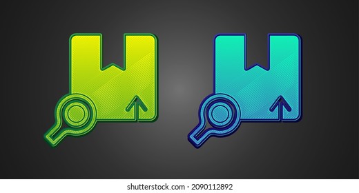 Green and blue Search package icon isolated on black background. Parcel tracking symbol. Magnifying glass and cardboard box. Logistic and delivery.  Vector