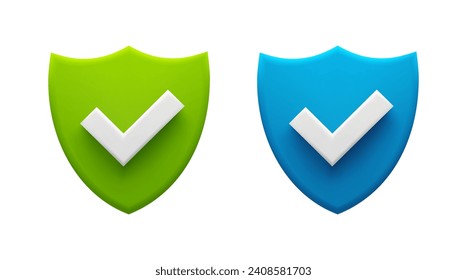 Green and Blue Security Shields with Check Marks Representing Protection and Approval. Vector stock illustration.