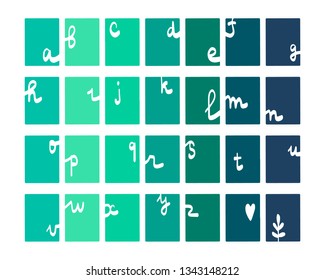 Green and blue set of gradient letters hand drawn alphabet cartoon minimalism