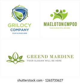 Green blue shield water leaf nature team work spiral natural logo design vector idea suitable for research team ecology conservation group target environment health pharmacy wellness
