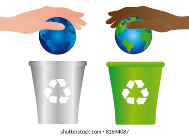 green, blue and silver world to garbage isolated over white background