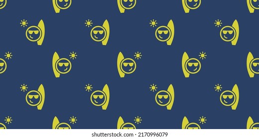 Green and Blue Simple Minimalist Seamless Pattern of Smiling Faces with Sun, Sunglasses and Surfboard - Vector Design