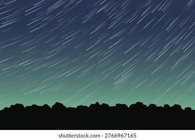 Green blue sky with star trails. Landscape, rocky mountain silhouette