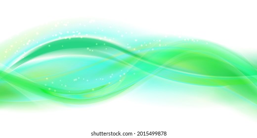 Green and blue smoke wave backround. Abstract stylized motion wavy illustration. Soft shiny lines created using blend tool on white backdrop. Curved smooth stripes. Design template for banner or flyer