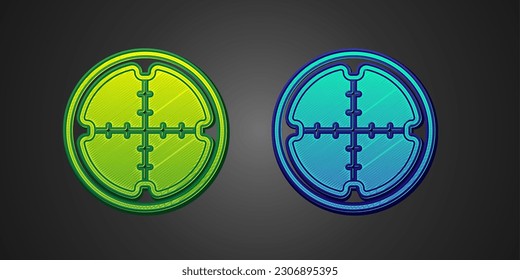 Green und blue Sniper Optical sight Symbol einzeln auf schwarzem Hintergrund. Sniper-Scrosshairs.  Vektorgrafik