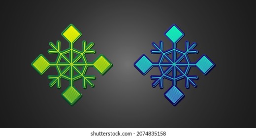 Green and blue Snowflake icon isolated on black background. Merry Christmas and Happy New Year.  Vector
