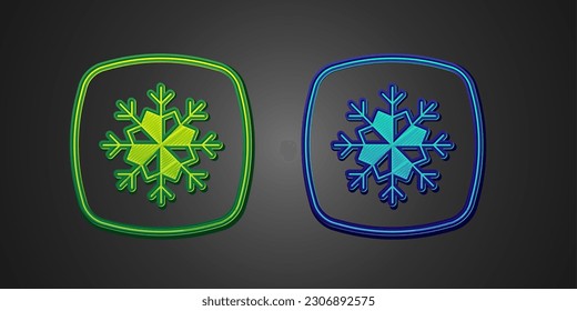 Green and blue Snowflake icon isolated on black background. Merry Christmas and Happy New Year.  Vector