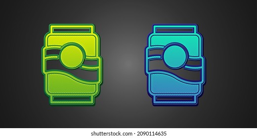 Green and blue Soda can icon isolated on black background.  Vector