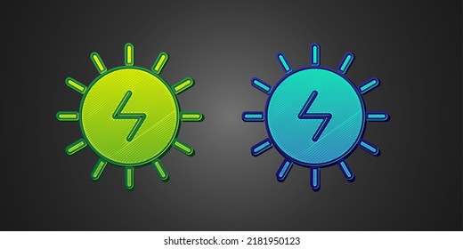 Green and blue Solar energy panel icon isolated on black background. Sun with lightning symbol.  Vector