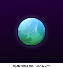 Green and blue space planet, vector galaxy globe, glowing sphere in far Universe. Ui game fantasy comet, meteor isolated astronomical object in deep space, fantastic alien world or Earth