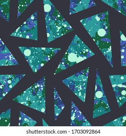 Grüne und blaue Schmutzspritzer, nahtloses Muster, abstrakter Hintergrund der Vektorillustration. Farbige Tapete für Textilien, Stoff, Umhüllungspapier. Dreiecksüberlagerung.
