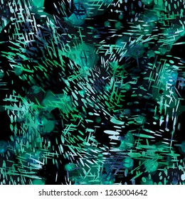 Green and blue splatter seamless texture with bubbles. Dynamic pattern, Abstract vector background for web page, banners backdrop, fabric, home decor, wrapping