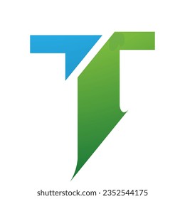 Green and Blue Split Shaped Letter T Icon on a White Background