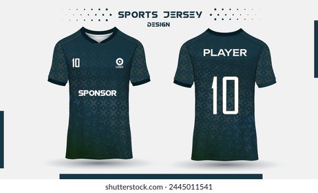 Green, Blue sports design template for soccer jersey, football kit and tank top for basketball jersey. Sports uniform in front and back view. Tshirt mock up for sports club. Vector Illustration.