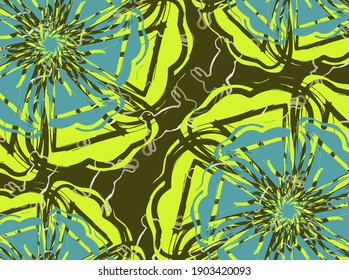 Green and blue spring floral patterns on the olive background