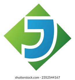 Letra verde y azul cuadrada con forma de diamante icono J con fondo blanco