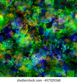 Green and blue squares and strokes. Abstract seamless vector background. For fabric and printing