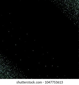 Green, blue stars, sprocket, shiny confetti. Scattered little sparkling, silver, glitter balls, circles. Random stellar falling on black background. New Year Christmas background. Vector illustration.