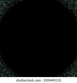 Green, blue stars, sprocket, shiny confetti. Scattered little sparkling, silver, glitter balls, circles. Random stellar falling on black background. New Year Christmas background. Vector illustration.