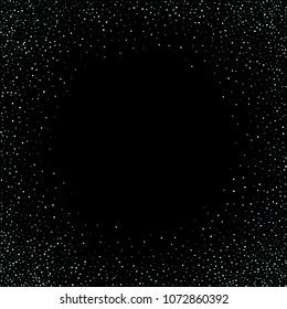 Green, blue stars, sprocket, shiny confetti. Scattered little sparkling, silver, glitter balls, circles. Random stellar falling on black background. New Year Christmas background. Vector illustration.